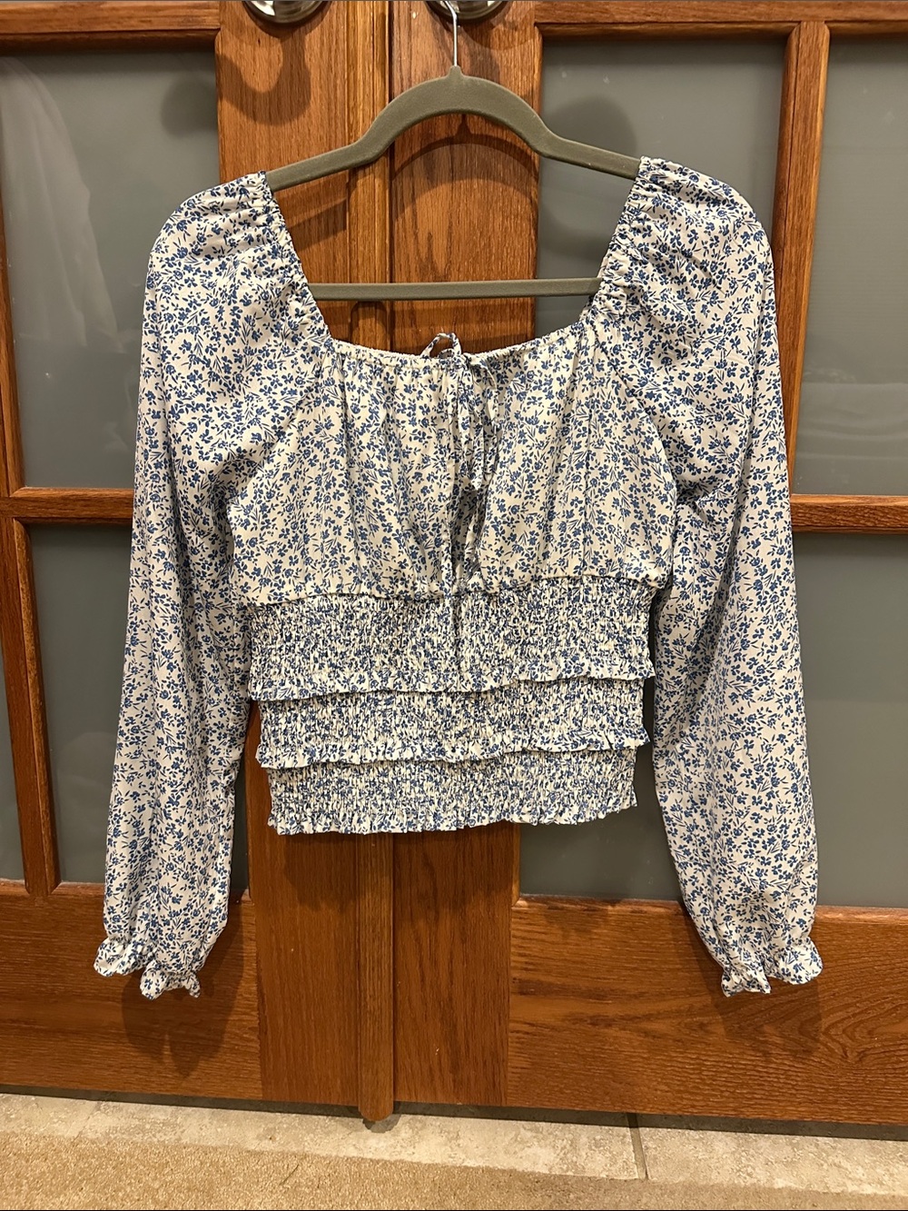 Blue Floral Smocked Long-Sleeve Crop Top